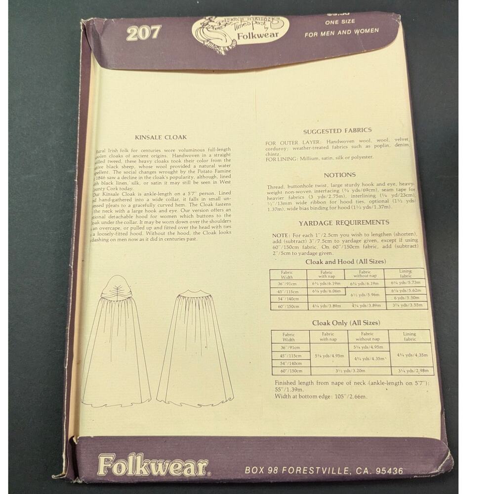 Vintage Folkwear 207 Kinsale Cloak Sewing Pattern 1970s Irish Cape & Hood - Picture 2 of 9